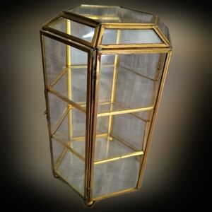 Vintage Tabletop Brass and Glass Display Cabinet, Curio Cabinet, Hexagonal